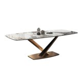 意式现代轻奢长方形不锈钢底架岩板面家用长餐桌餐椅组合饭桌