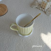 高级设计感杯子 ins北欧简约可爱带盖勺水杯办公室女陶瓷马克杯子(奶黄色单杯+勺子+杯盖)