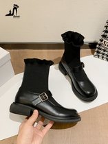 SUNTEK马丁靴女2021年新款英伦风春秋季瘦瘦单靴黑色连袜短靴子乐福女鞋(39 10967-黑色)