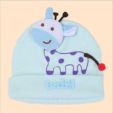 15年秋冬新款宝宝毛线帽针织护耳帽可爱卡通保暖帽(长颈鹿天蓝)