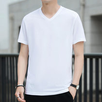 短袖T恤男V领纯色2021夏季新款含桑蚕丝中青年男士上衣莫代尔汗衫(黑色 XXL)