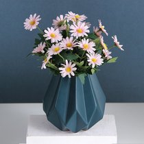北欧陶瓷折纸花瓶莫兰迪花器仿真花艺玫瑰套装客厅玄关装饰摆件(墨蓝花瓶+粉色雏菊)
