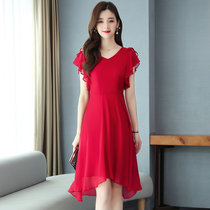 亿梦诗 黑色连衣裙夏新款女赫本风不规则显瘦高贵雪纺有女人味的裙子ET511(红色 XL)