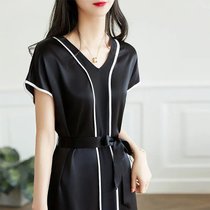一三得衫2022夏季新款拼接连衣裙复古时尚气质V领绑带收腰显瘦(黑色 XL)