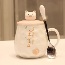 马克杯子陶瓷杯家用水杯创意潮流带盖勺可爱小猪少女心早餐杯礼品(下面桃+盖勺400ML)