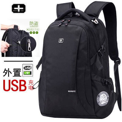 瑞士军刀16英寸双肩包男士背包女韩版学生书包商务电脑包旅行包潮带USB接口(黑色 小号)