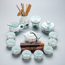 景德镇手绘功夫茶具套装青花瓷整套家用龙泉青瓷盖碗陶瓷茶壶茶杯(手绘天青14件套（茶道）)