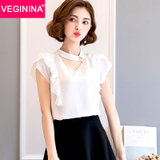 VEGININA 韩版修身V领荷叶边短袖纯色雪纺衫 9615(白色 S)