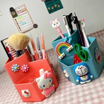 卡通笔筒可爱少女心创意时尚风卡通学生文具收纳盒桌面多功能(粉色裙子猫)