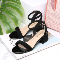 黑色法式一字带凉鞋女士粗跟中跟夏天时装2022年新款百搭夏季女鞋(36 黑色/9999 （跟高5.2cm）)
