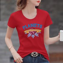 棉 T恤女夏季印花设计感体恤衫修身显瘦上衣韩版女装(字母土星环【红色】 XL)