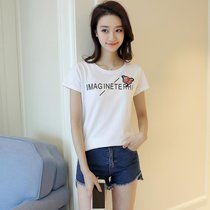 娇维安 夏季韩版女装圆领体恤衫 刺绣玫瑰花图案短袖t恤女(白色 XL)
