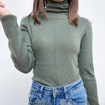 新款春秋季纯色高领针织衫女韩版套头堆堆领打底衫毛衣(灰绿 均码)